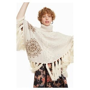 Desigual Knit Poncho Turtleneck Sweater Floral Cream White Fringe Western